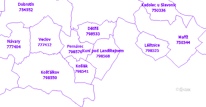 Katastrální mapa Kuní pod Landštejnem - přehledová mapa katastrálního území