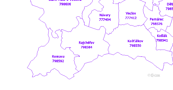 Katastrální mapa Rajchéřov - přehledová mapa katastrálního území