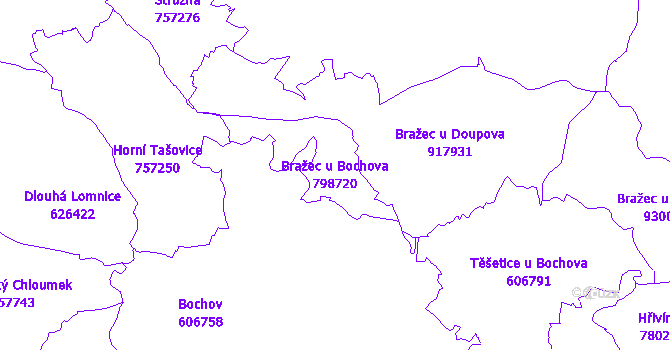 Katastrální mapa Bražec u Bochova - přehledová mapa katastrálního území