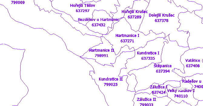 Katastrální mapa Hartmanice II - přehledová mapa katastrálního území