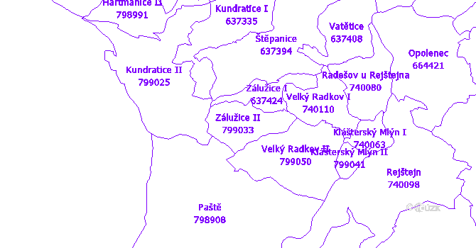Katastrální mapa Zálužice II - přehledová mapa katastrálního území