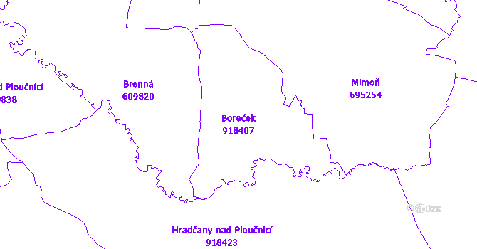 Katastrální mapa Boreček - přehledová mapa katastrálního území
