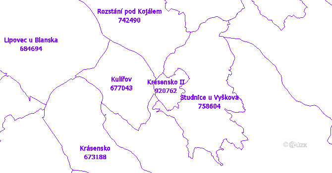 Katastrální mapa Krásensko II - přehledová mapa katastrálního území