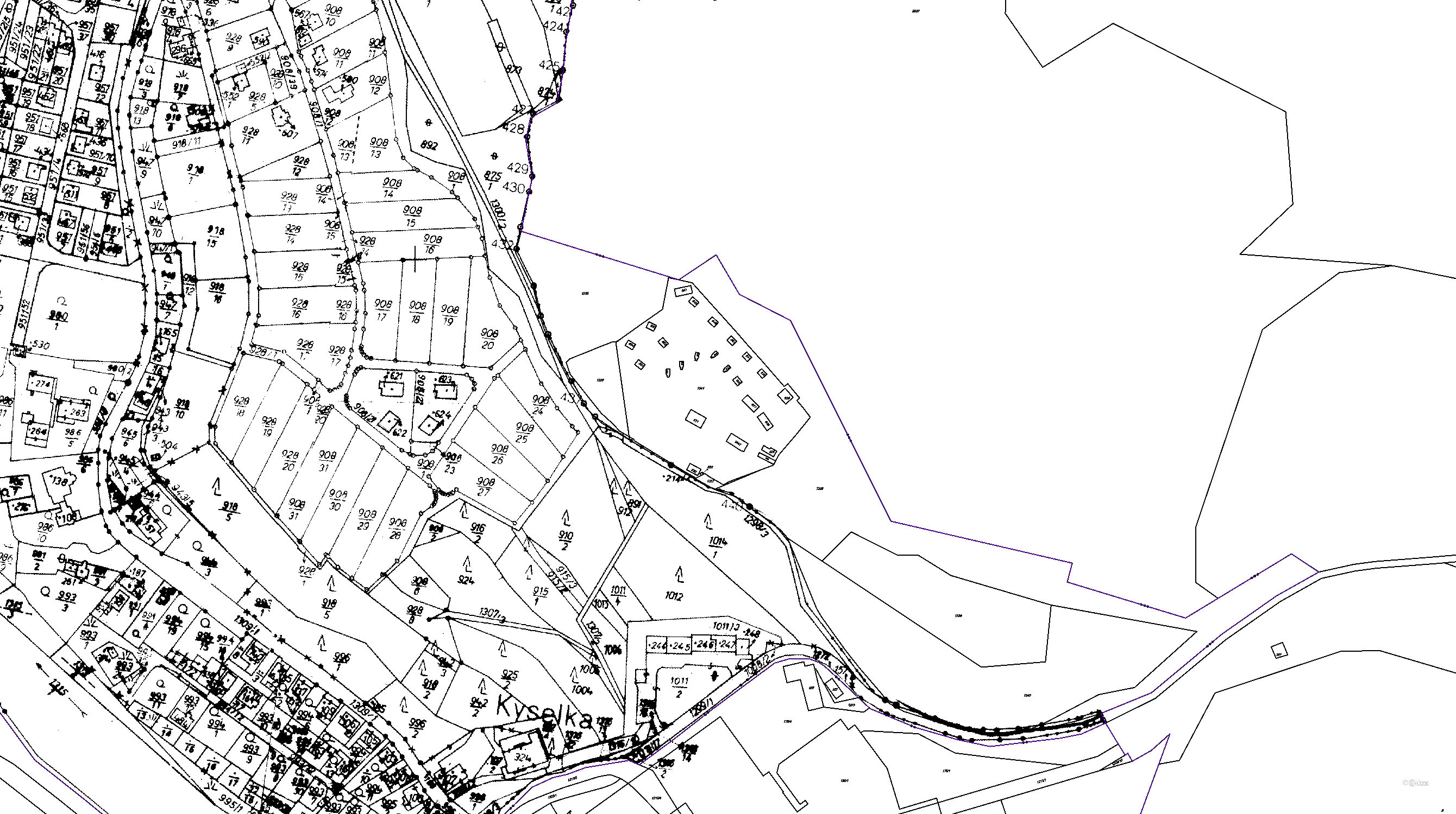 Katastrální mapa pozemků a čísla parcel Kyselka u Hradiště