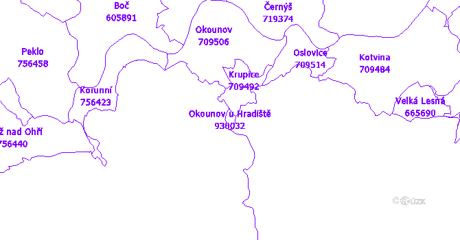 Katastrální mapa Okounov u Hradiště - přehledová mapa katastrálního území