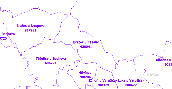 Katastrální mapa Bražec u Těšetic - přehledová mapa katastrálního území