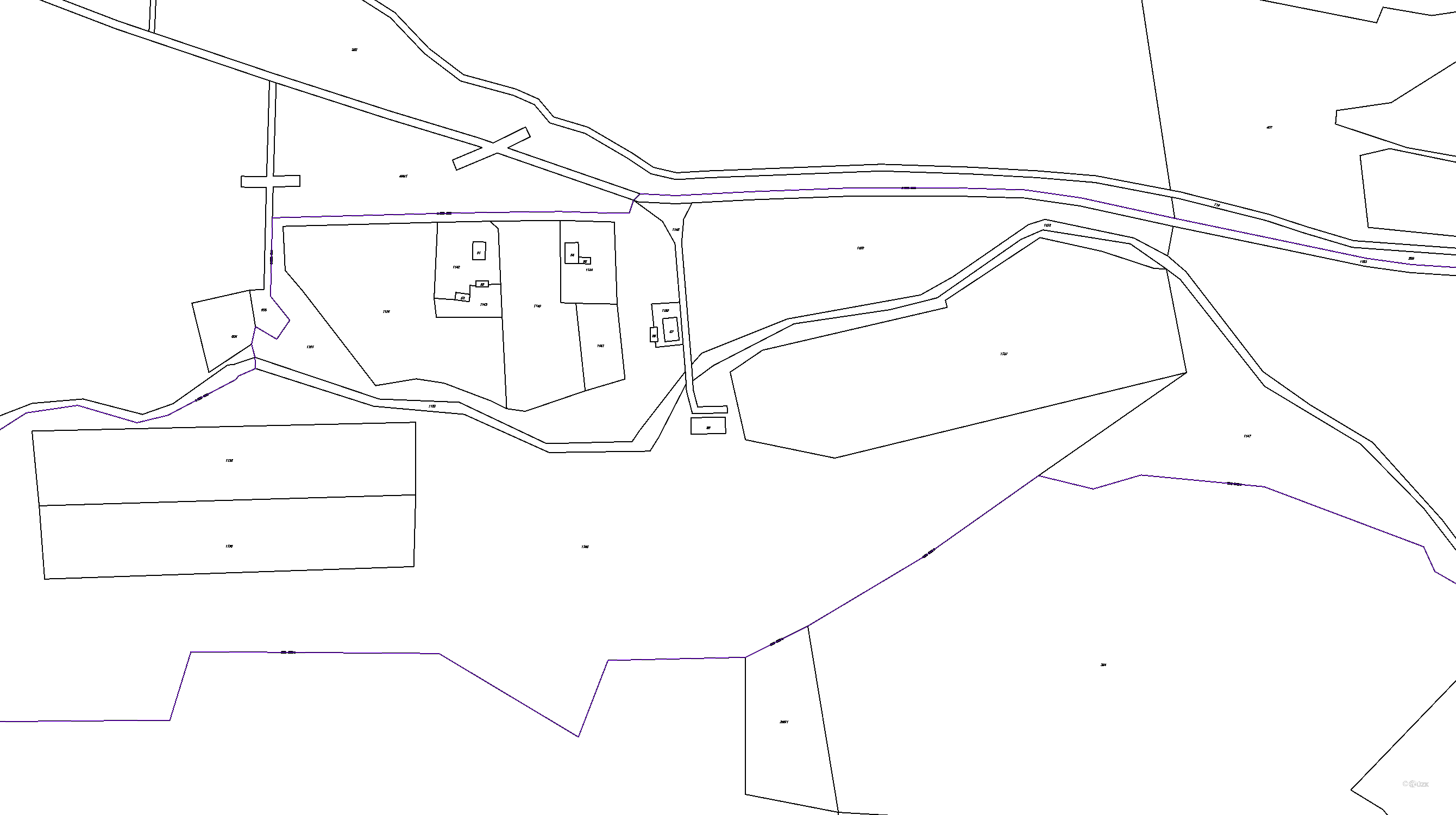 Katastrální mapa pozemků a čísla parcel Radonice u Hradiště