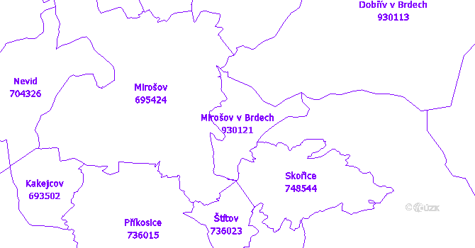 Katastrální mapa Mirošov v Brdech - přehledová mapa katastrálního území