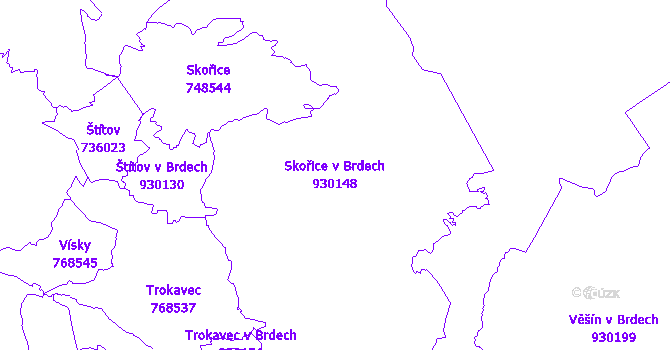 Katastrální mapa Skořice v Brdech - přehledová mapa katastrálního území