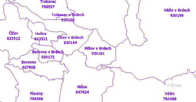 Katastrální mapa Míšov v Brdech - přehledová mapa katastrálního území