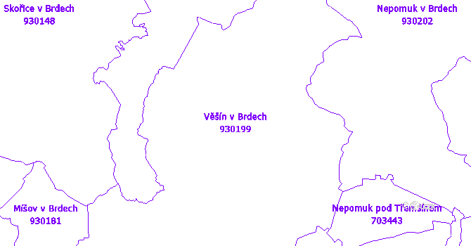 Katastrální mapa Věšín v Brdech - přehledová mapa katastrálního území