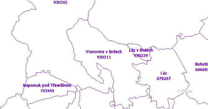 Katastrální mapa Vranovice v Brdech - přehledová mapa katastrálního území