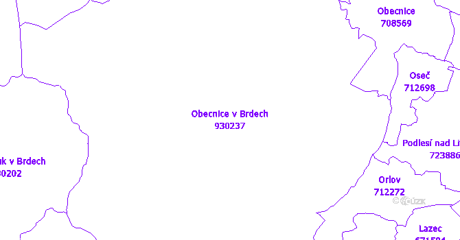 Katastrální mapa Obecnice v Brdech - přehledová mapa katastrálního území