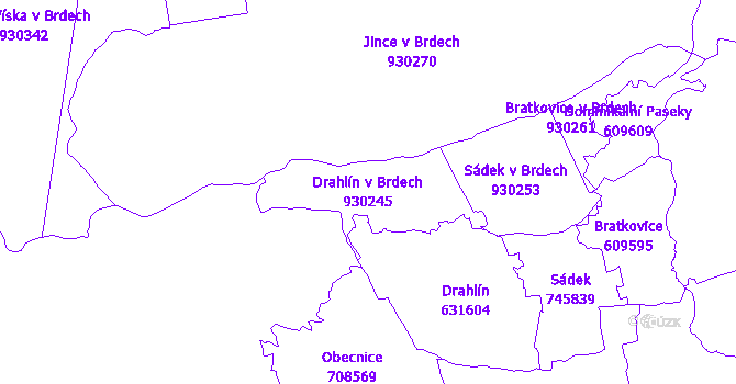 Katastrální mapa Drahlín v Brdech - přehledová mapa katastrálního území