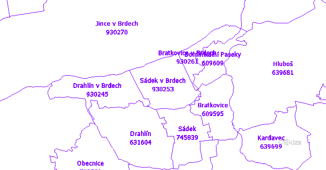 Katastrální mapa Sádek v Brdech - přehledová mapa katastrálního území