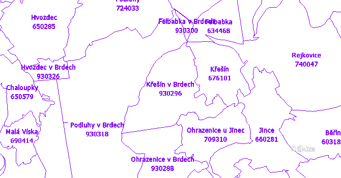 Katastrální mapa Křešín v Brdech - přehledová mapa katastrálního území