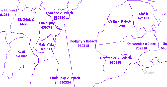 Katastrální mapa Podluhy v Brdech - přehledová mapa katastrálního území