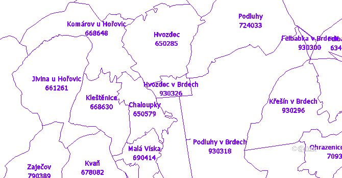 Katastrální mapa Hvozdec v Brdech - přehledová mapa katastrálního území