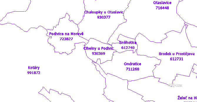 Katastrální mapa Cihelny u Podivic - přehledová mapa katastrálního území