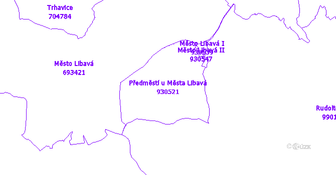 Katastrální mapa Předměstí u Města Libavá - přehledová mapa katastrálního území