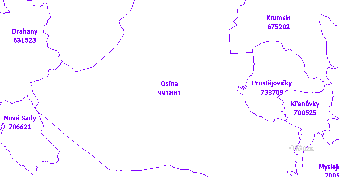 Katastrální mapa Osina - přehledová mapa katastrálního území