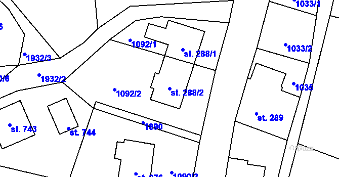 Parcela st. 288/2 v KÚ Hřebečná, Katastrální mapa