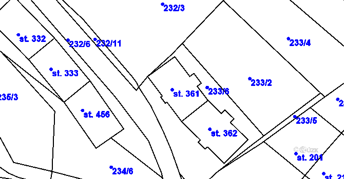 Parcela st. 361 v KÚ Adamov, Katastrální mapa
