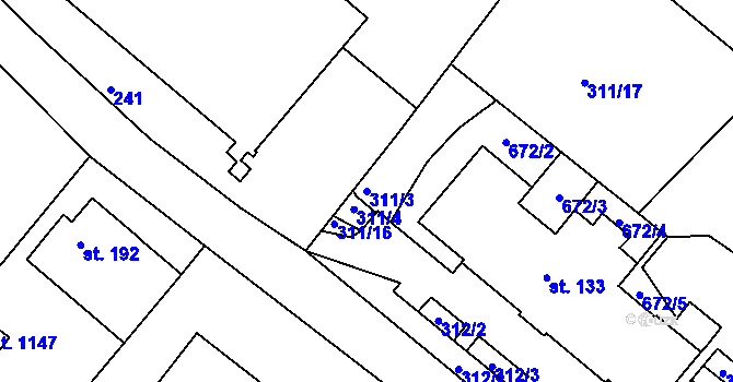 Parcela st. 311/3 v KÚ Adamov, Katastrální mapa