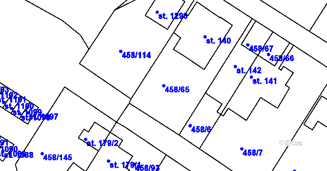 Parcela st. 458/65 v KÚ Adamov, Katastrální mapa