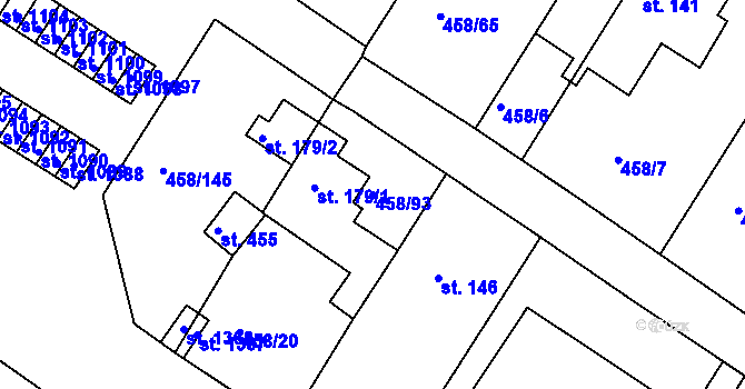 Parcela st. 458/93 v KÚ Adamov, Katastrální mapa