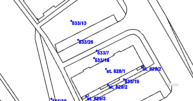 Parcela st. 533/7 v KÚ Adamov, Katastrální mapa