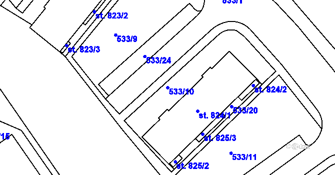 Parcela st. 533/10 v KÚ Adamov, Katastrální mapa