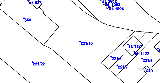 Parcela st. 221/10 v KÚ Adamov, Katastrální mapa