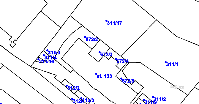 Parcela st. 672/3 v KÚ Adamov, Katastrální mapa