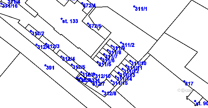Parcela st. 311/7 v KÚ Adamov, Katastrální mapa