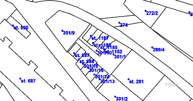 Parcela st. 301/10 v KÚ Adamov, Katastrální mapa