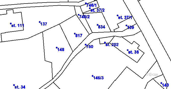 Parcela st. 750 v KÚ Bynovec, Katastrální mapa