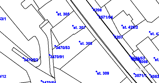 Parcela st. 308 v KÚ Aš, Katastrální mapa