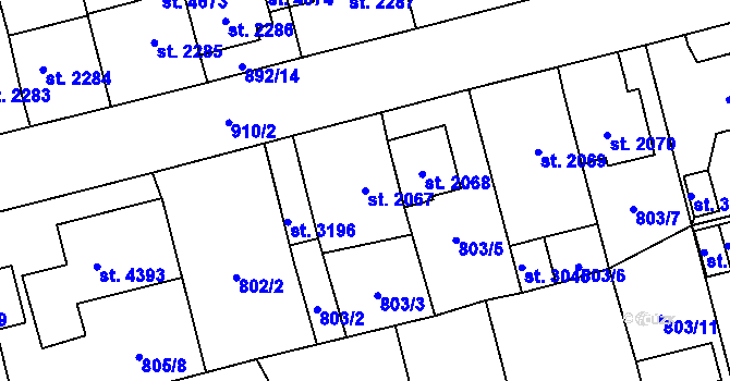 Parcela st. 2067 v KÚ Aš, Katastrální mapa