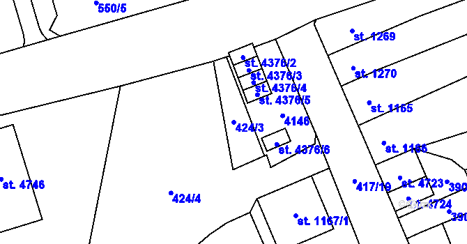 Parcela st. 424/3 v KÚ Aš, Katastrální mapa