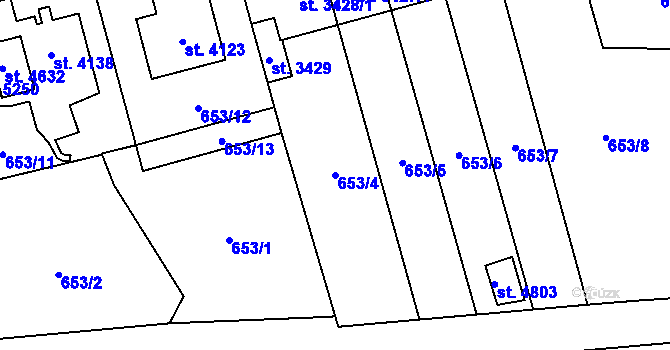 Parcela st. 653/4 v KÚ Aš, Katastrální mapa