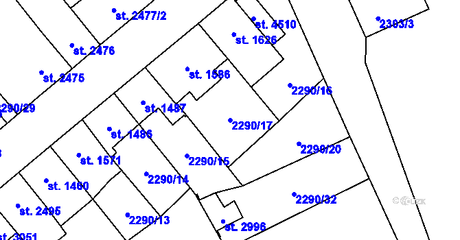 Parcela st. 2290/17 v KÚ Aš, Katastrální mapa