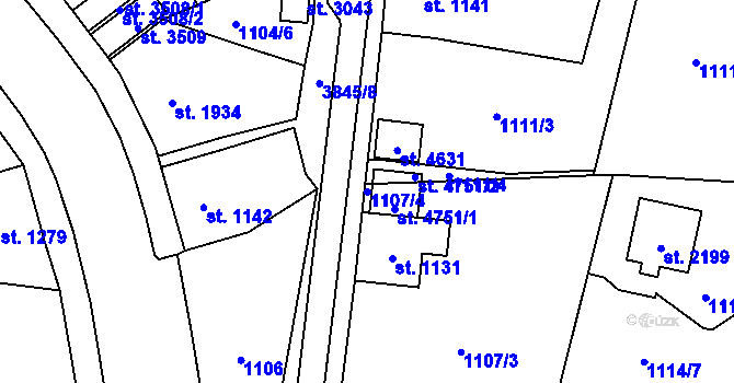 Parcela st. 1107/4 v KÚ Aš, Katastrální mapa