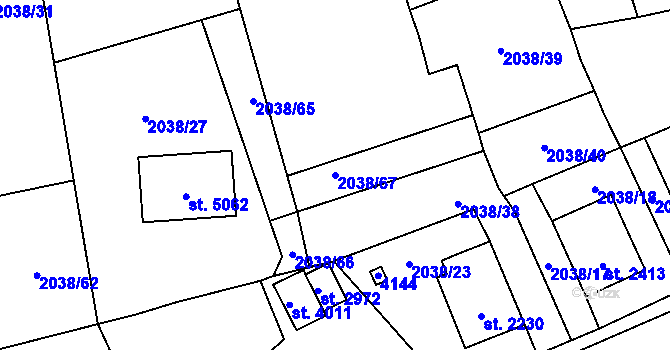 Parcela st. 2038/67 v KÚ Aš, Katastrální mapa