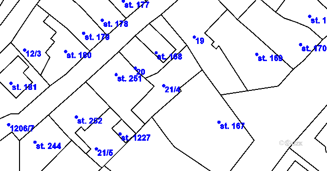 Parcela st. 21/4 v KÚ Bakov nad Jizerou, Katastrální mapa