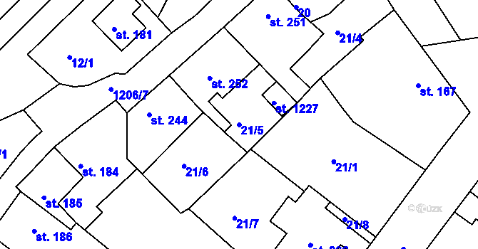 Parcela st. 21/5 v KÚ Bakov nad Jizerou, Katastrální mapa