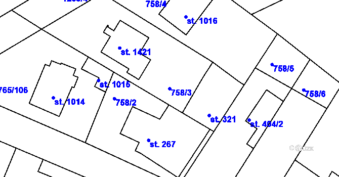 Parcela st. 758/3 v KÚ Bakov nad Jizerou, Katastrální mapa