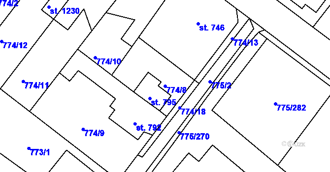 Parcela st. 774/8 v KÚ Bakov nad Jizerou, Katastrální mapa