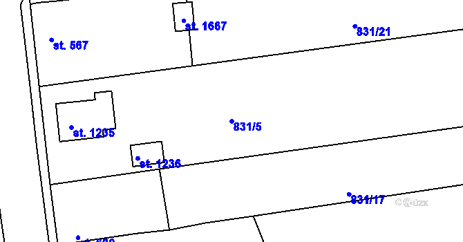 Parcela st. 831/5 v KÚ Bakov nad Jizerou, Katastrální mapa