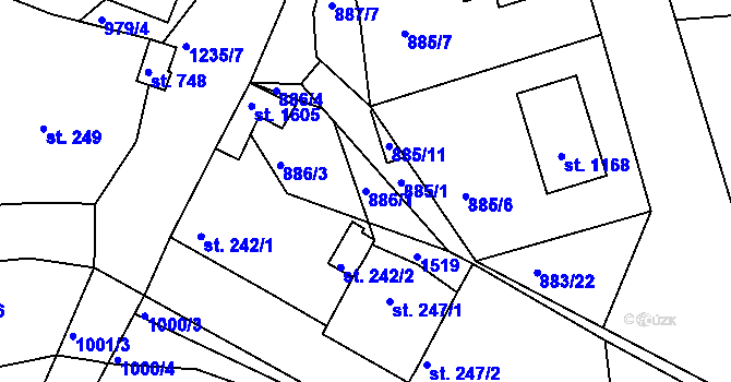 Parcela st. 886/1 v KÚ Bakov nad Jizerou, Katastrální mapa